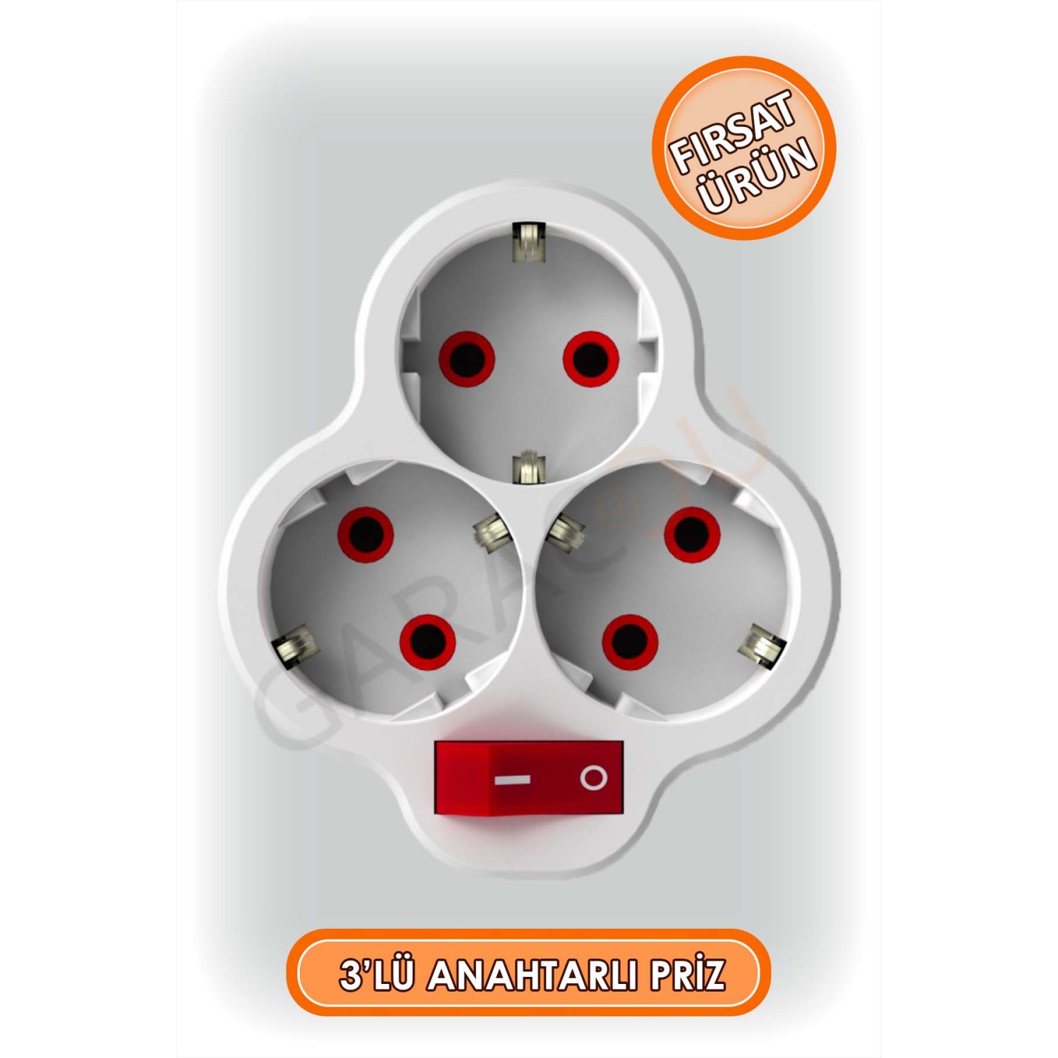3 lü Anahtarlı Topraklı Kablosuz Golyat Priz Çoğaltıcı 1 Adet, Anahtarlı Üçlü Piriz