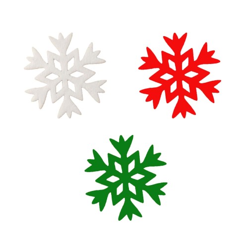 Keçeden 7 cm Beyaz Kırmızı ve Yeşil Kar Tanesi Süsleri 5 Adet